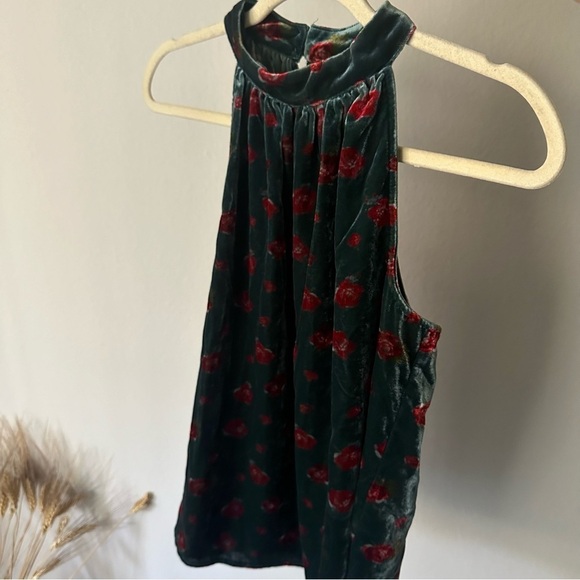 Ann Taylor LOFT Green Rose Print Velvet Halter Holiday Top Size XS - Picture 4 of 11